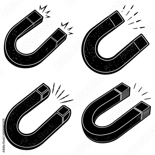 Collection of four black and white horseshoe magnets with magnetic field lines radiating outwards