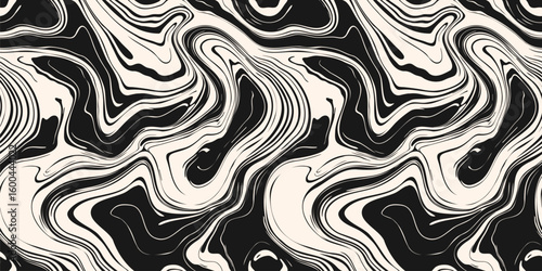 Vector seamless pattern with fluid organic shapes, liquid lines. Abstract ink stain texture, marble surface. Groovy background with waves, paint, swirl, distorted surface. Black and white geo design