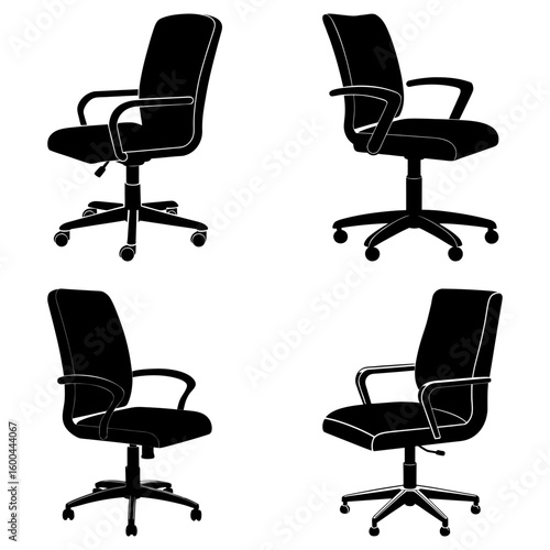 Four black office chairs with armrests and wheels arranged on a white background in a square pattern