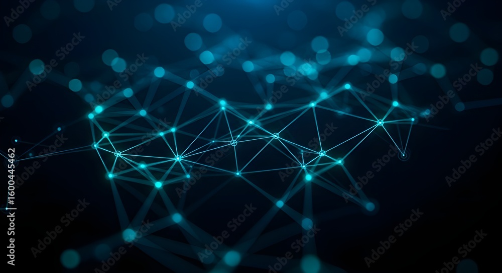 Fototapeta premium Abstract glowing network of interconnected nodes and lines on a dark background