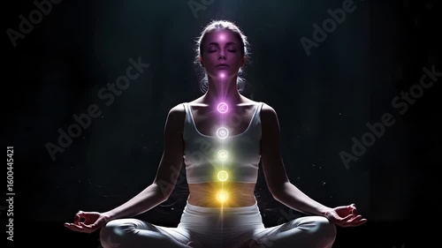 Woman meditating with a seven chakras light in black background Seamless Looping