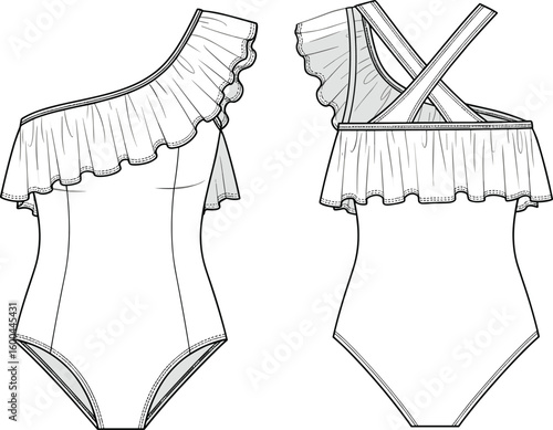 One shoulder ruffle swimsuit flat sketch front and back view with cross back straps and frill neckline vector fashion illustration