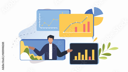 Presentation of data analysis with charts and graphs by a person in business attire shown here