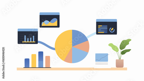 Visualization of business data with pie chart and bar graphs on a shelf with a plant pot nearby