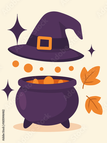 witch hat and candy vector halloween composition. flat vector design of a witch hat surrounded by halloween candies and autumn leaves. bright and playful illustration ideal for promotions