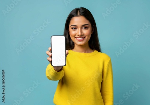 woman holding a credit card and smiling, Young Indian woman presents blank smartphone screen. Happy girl shows device with empty display. Modern tech, app, design, advertising concept. Female holds mo