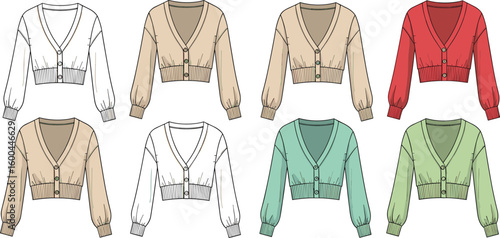 Women’s cropped cardigan fashion flat sketch, long sleeve knitwear top, front button closure, vector illustration, various color options, apparel design