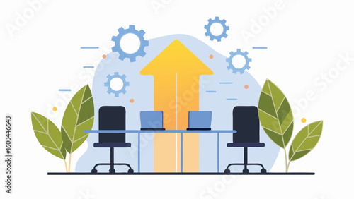 Illustration of an office space with laptops, chairs, and an upward arrow indicating growth