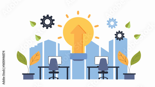 Illustration of an office space with desks computers and a large lightbulb symbolizing ideas