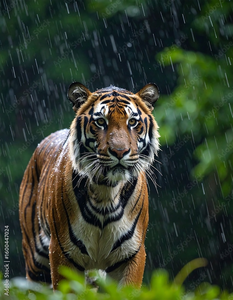 Obraz premium A tiger caught in a rainstorm with droplets on its fur