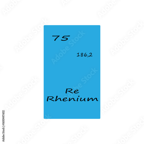 Seventy five 75 Re. Rhenium element display. Number 186 point 2. Vector periodic table.