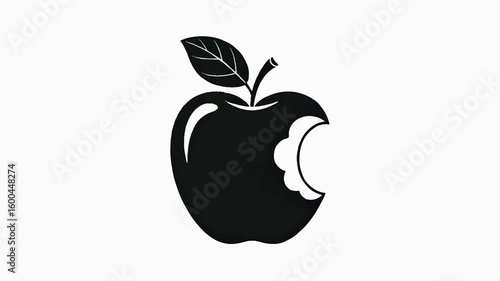 Minimalist black and white illustration of an apple with a single bite taken out