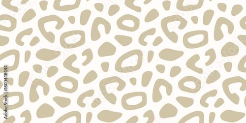 Golden leopard print. Vector seamless pattern with spots, organic shapes. Cut-out style illustration. Animal skin texture, jaguar, cheetah, leo fur. Abstract gold and white background. Repeated design