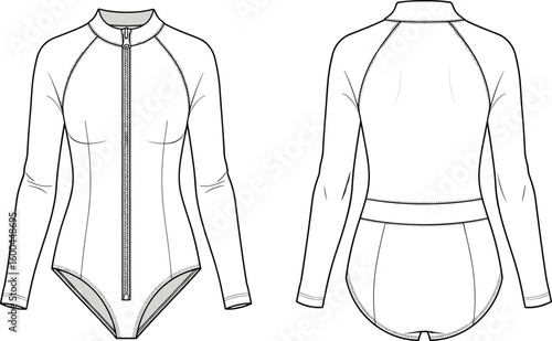 Women’s long sleeve zip front swimsuit flat sketch, fashion technical bodysuit, rash guard design, vector apparel cad illustration