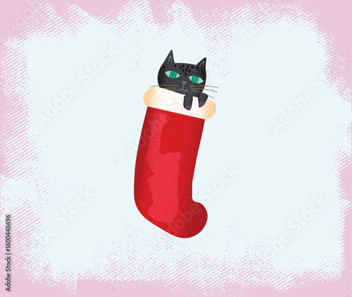 Cute kitten peeking from a Christmas stocking — the perfect holiday illustration full of warmth and joy!