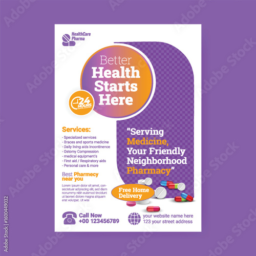Pharmaceutical Company a4 print Flyer or Poster vector editable template, Pharmacy and Medical Supply leaflet, brochure cover design