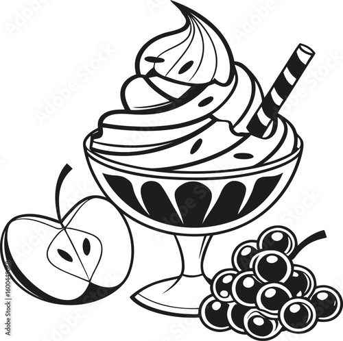 Modern black vector ice cream topped with apples and grapes