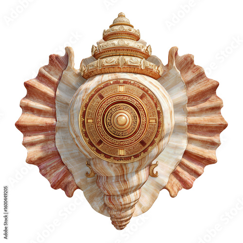 A conch shell (Shankha) and discus (Chakra), sacred symbols of Vitthal, front view, no shadow, cut out, isolated. The background is pure white with margins. All parts in focus,