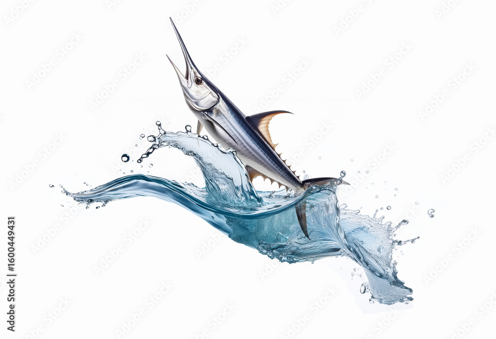 Fototapeta premium Gepoisson, espadon, eau, abstrait, bleu, clapoter, liquide, isolé, blanc, illustration, abattre, mer, vecteur, nature, animal, poisson, vague, silhouette, éclaboussure, couleur, noir, bounerated image