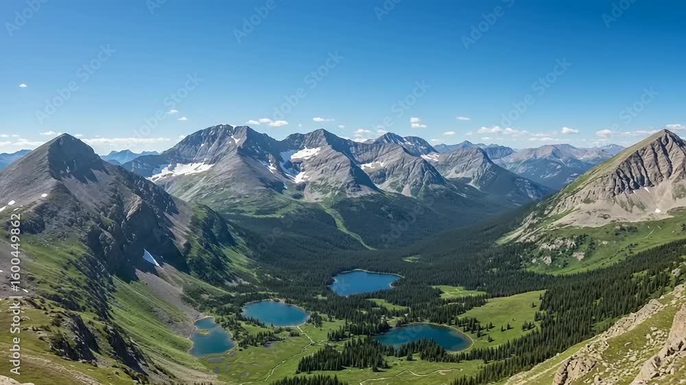 Panoramic view of mountains and lakes under clear sky Panoramic view of mountains and lakes under clear sky