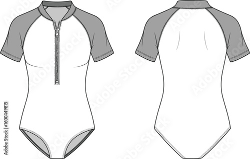 women zip up bodysuit technical flat sketch front back view short sleeve collar fashion cad drawing flat vector illustration