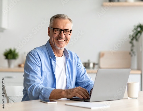 Portrait of happy middle aged senior man wearing glasses sitting with laptop at home table. Smiling older mature handsome man in eyeglasses looking at camera posing with computer sitting in kitchen.