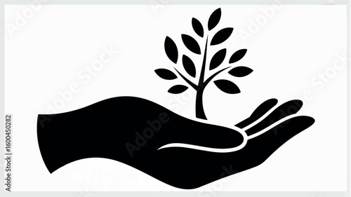 Minimalist black and white logo of a stylized hand nurturing a small tree