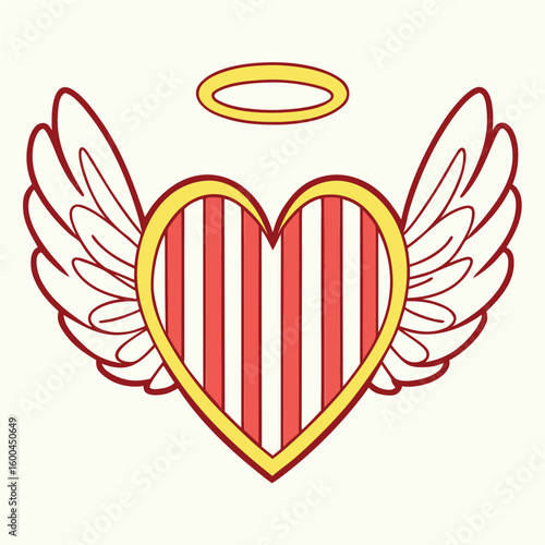Red and white striped heart with yellow halo and white wings love romance