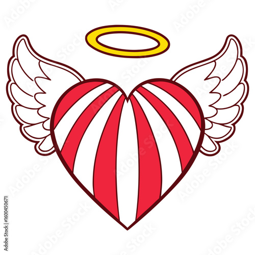 Red and white striped heart with wings and golden halo love angel
