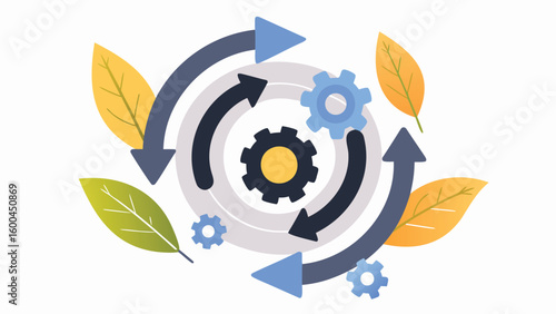 Circular process diagram with arrows gears and leaves showing a flow of information loop 100