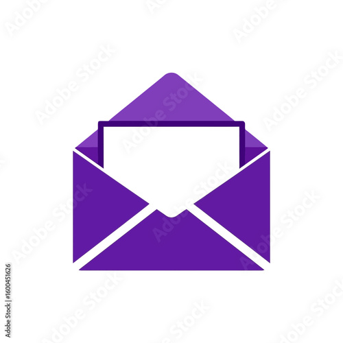 Open purple envelope with white paper inside, symbolizing communication and important messages delivered digitally or physically.