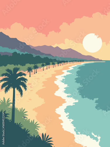 Durban – Golden Mile beachfront and palm promenades in sand gold, surf teal, palm green, and sunset pink