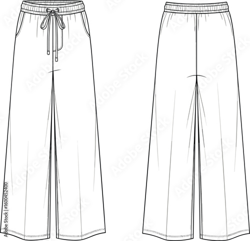 Wide leg pants flat sketch, fashion cad drawing, vector illustration, front back view, elastic waistband, drawstring detail, pockets