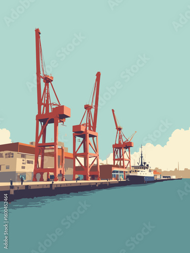 Fremantle – Cappuccino strip and historic port cranes in port red, coffee brown, sea blue, and rope beige