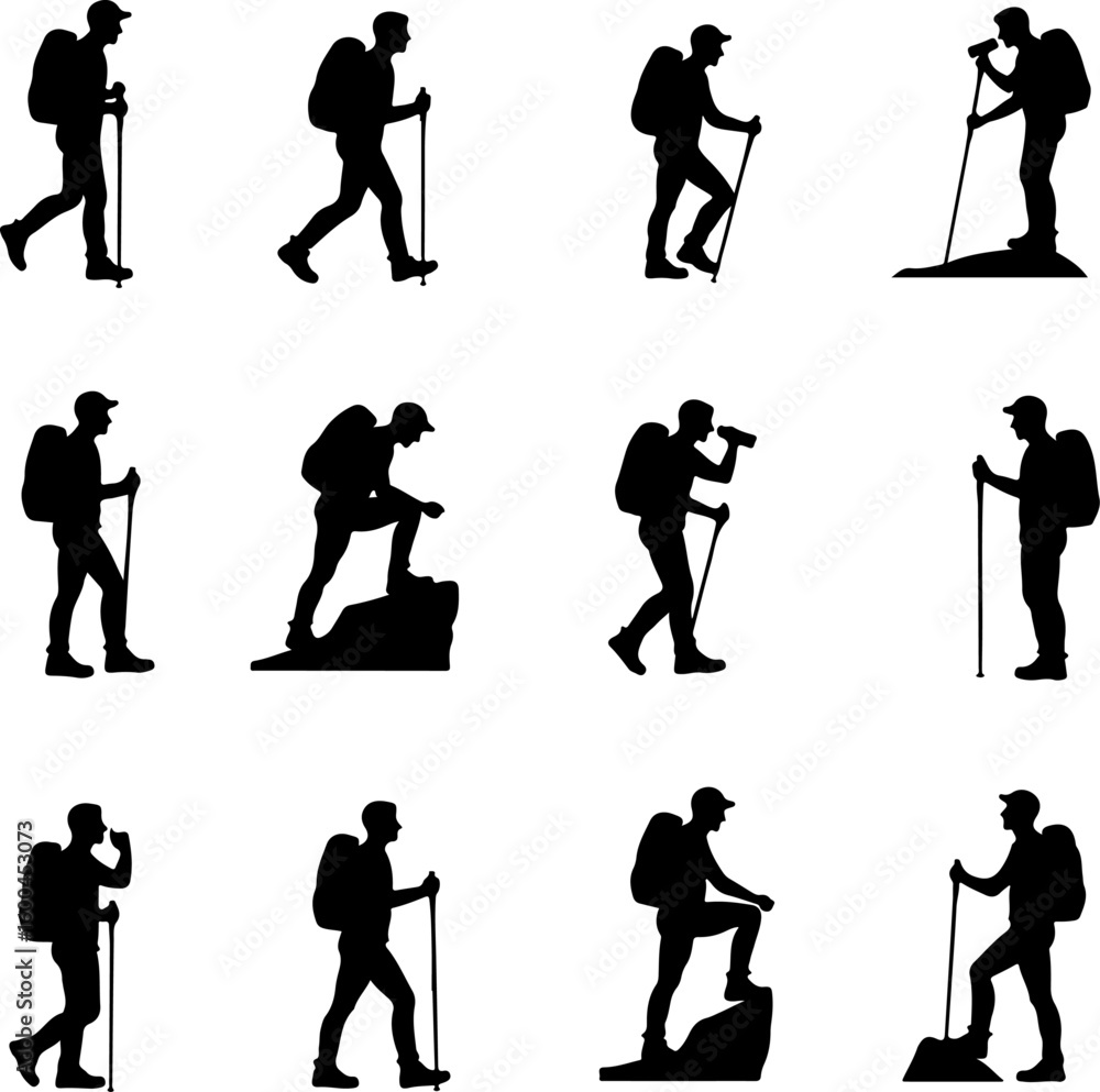 Obraz premium Hikers in Various Walking and Climbing Poses – Hiking, Trekking Adventure Bundle