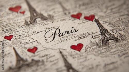 Vintage map of Paris, adorned with hearts