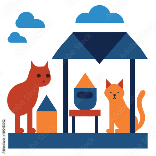 Outdoor cat shelters and feeding stations to support strays colour Art Vector illustration