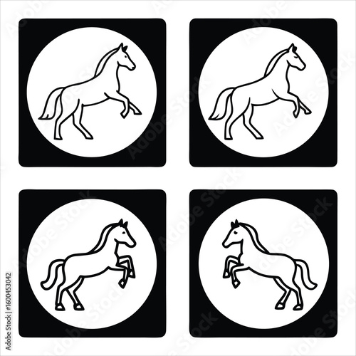 Four stylized line drawings of horses in motion within circular frames against a black background