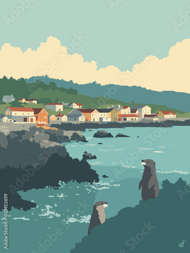 Monterey – Cannery Row with sea otters and kelp forest waters in steel gray, deep green, kelp gold, and coastal blue