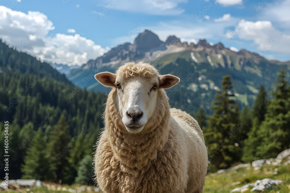 Fototapeta premium The sheep is grazing in the picturesque mountains