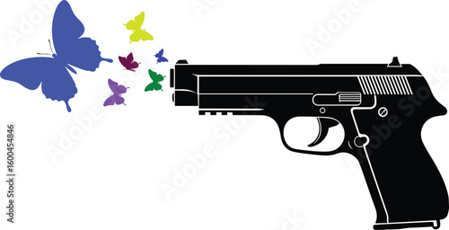 Butterflies flying from gun barrel, symbolic illustration of peace, anti-violence concept, colorful transformation, creativej