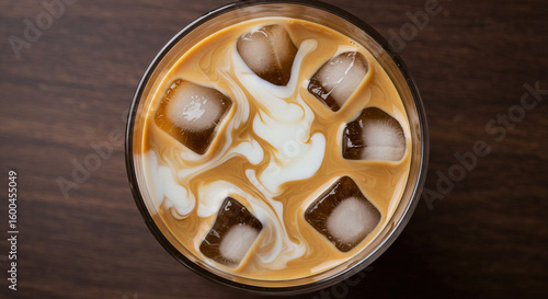 Top-down view of iced coffee with swirling cream and ice cubes in a glass.