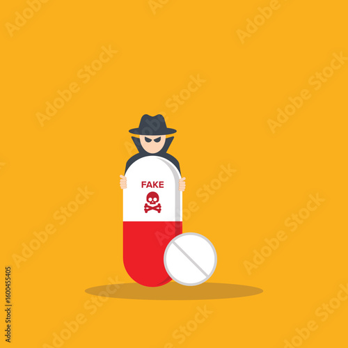 Fake medicine. Pill and tablet with criminal selling illegal drugs. Fake drugs, pharmaceutical. Symbolic for harmful counterfeit pills, risk and danger of illegal produced and sold pharmaceuticals.