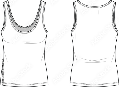 Tank top technical flat sketch, front and back view, fashion CAD template, sleeveless shirt vector, women’s apparel design drawing