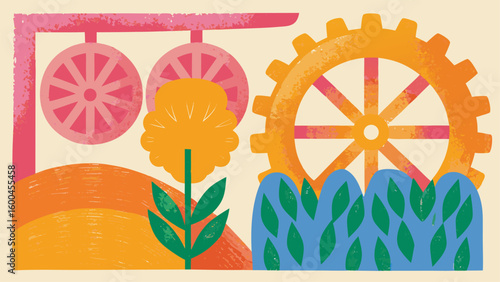 Hand-drawn vector shapes collage with scribble texture, vivid color palette.