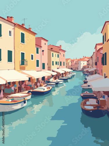 Sète – Canal-side markets and fishing boats in pastel coral, navy blue, lemon yellow, and limestone white