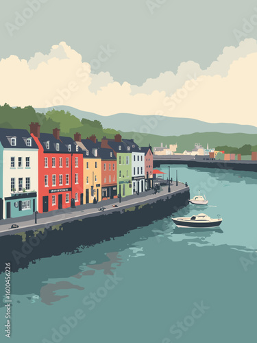 Galway – Latin Quarter pubs and harbor sky in bright red, ivy green, ocean gray, and overcast silver sky