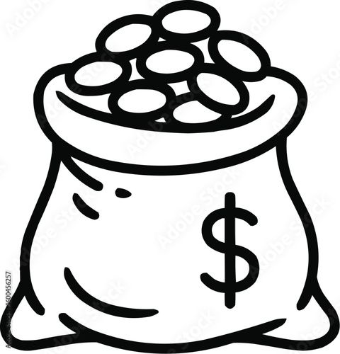 Open Money Sack with Coins   Hand-Drawn Wealth Icon for Economic Concepts