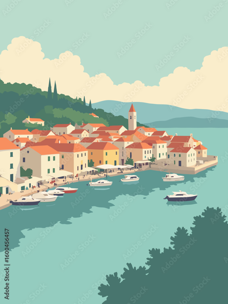 Fototapeta premium Rovinj – Venetian old town and island views in pastel orange, sea green, terracotta roofs, and aqua reflections