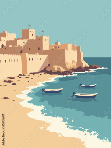 Essaouira – Seaside ramparts and blue boats in deep indigo, sand beige, surf white, and sunset ochre hues